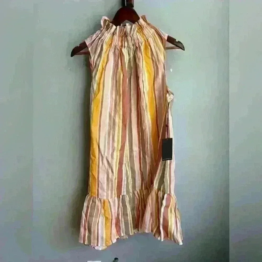 NWT EPHEMERA Women's Garland Striped High Neck Mini Dress Size Medium 100% Linen - Picture 5 of 9